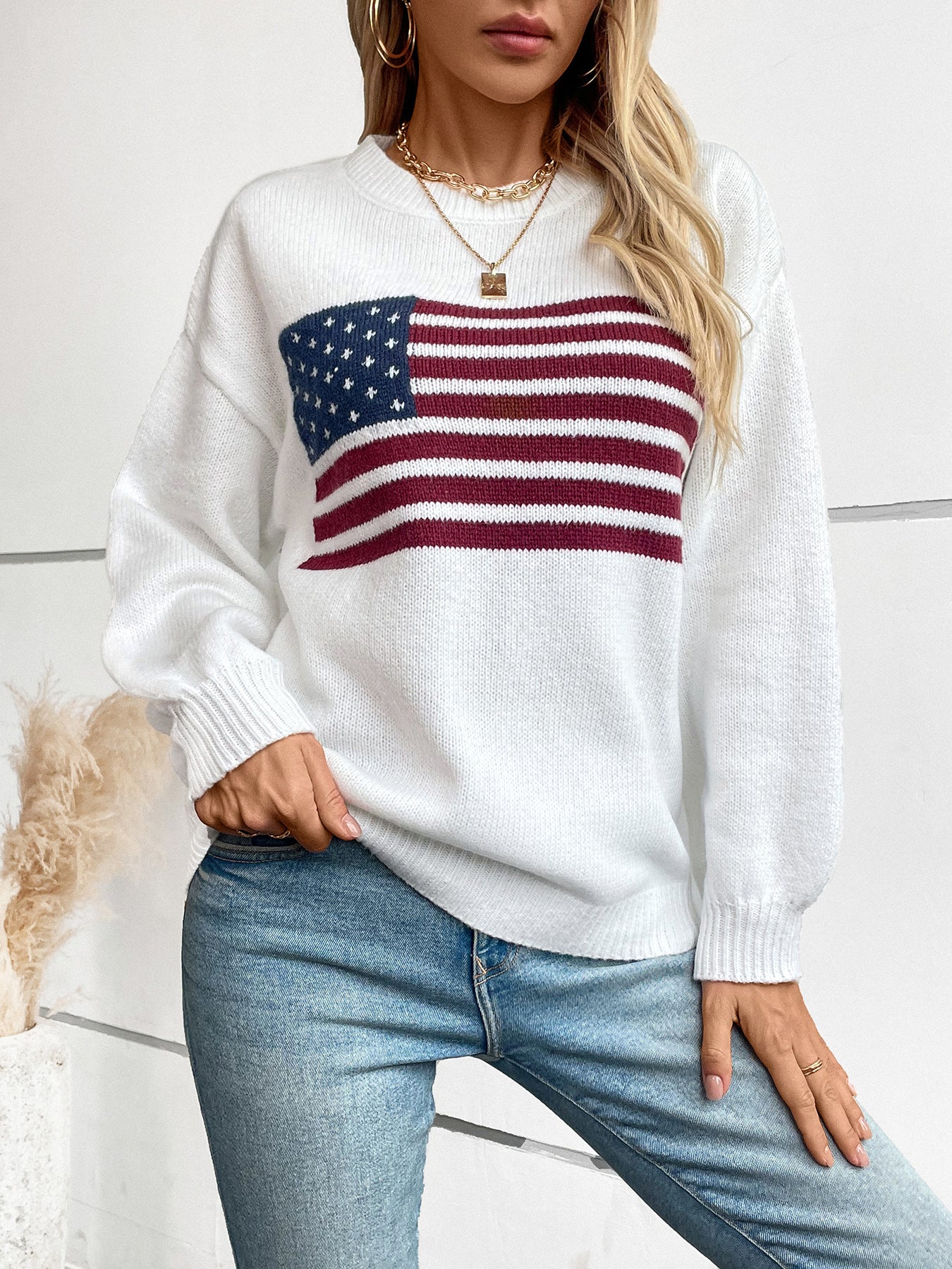 Women's Sweaters American Flag Pullovers Crew Neck Sweaters