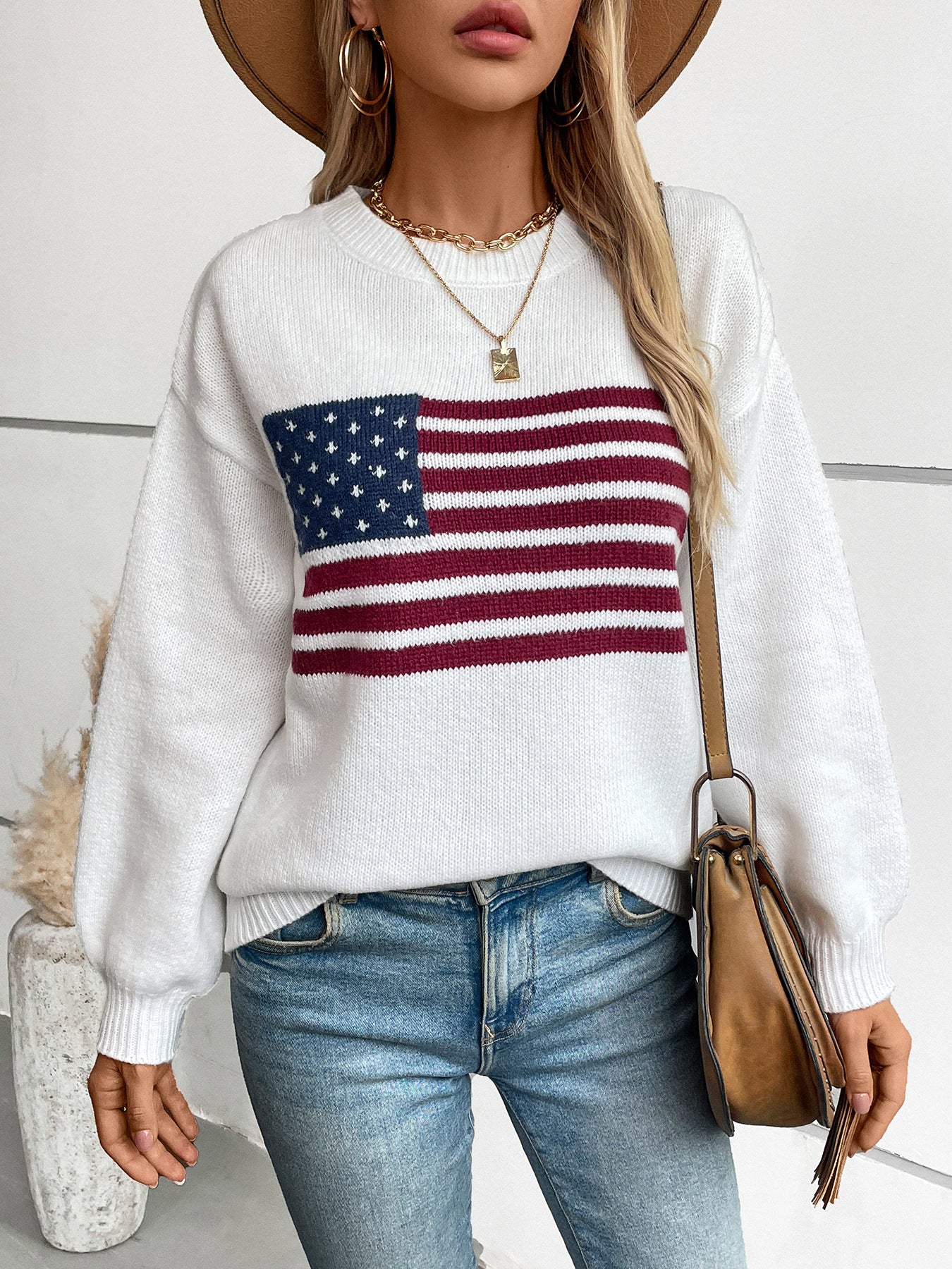 Women's Sweaters American Flag Pullovers Crew Neck Sweaters