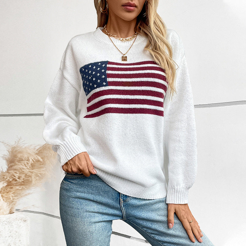 Women's Sweaters American Flag Pullovers Crew Neck Sweaters