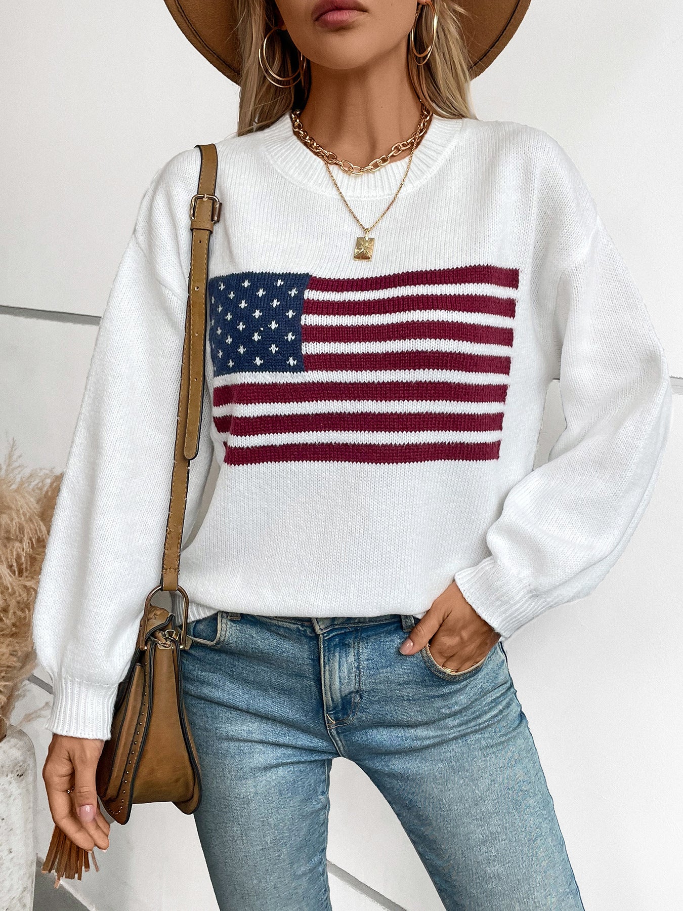 Women's Sweaters American Flag Pullovers Crew Neck Sweaters