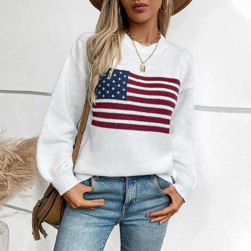 Women's Sweaters American Flag Pullovers Crew Neck Sweaters