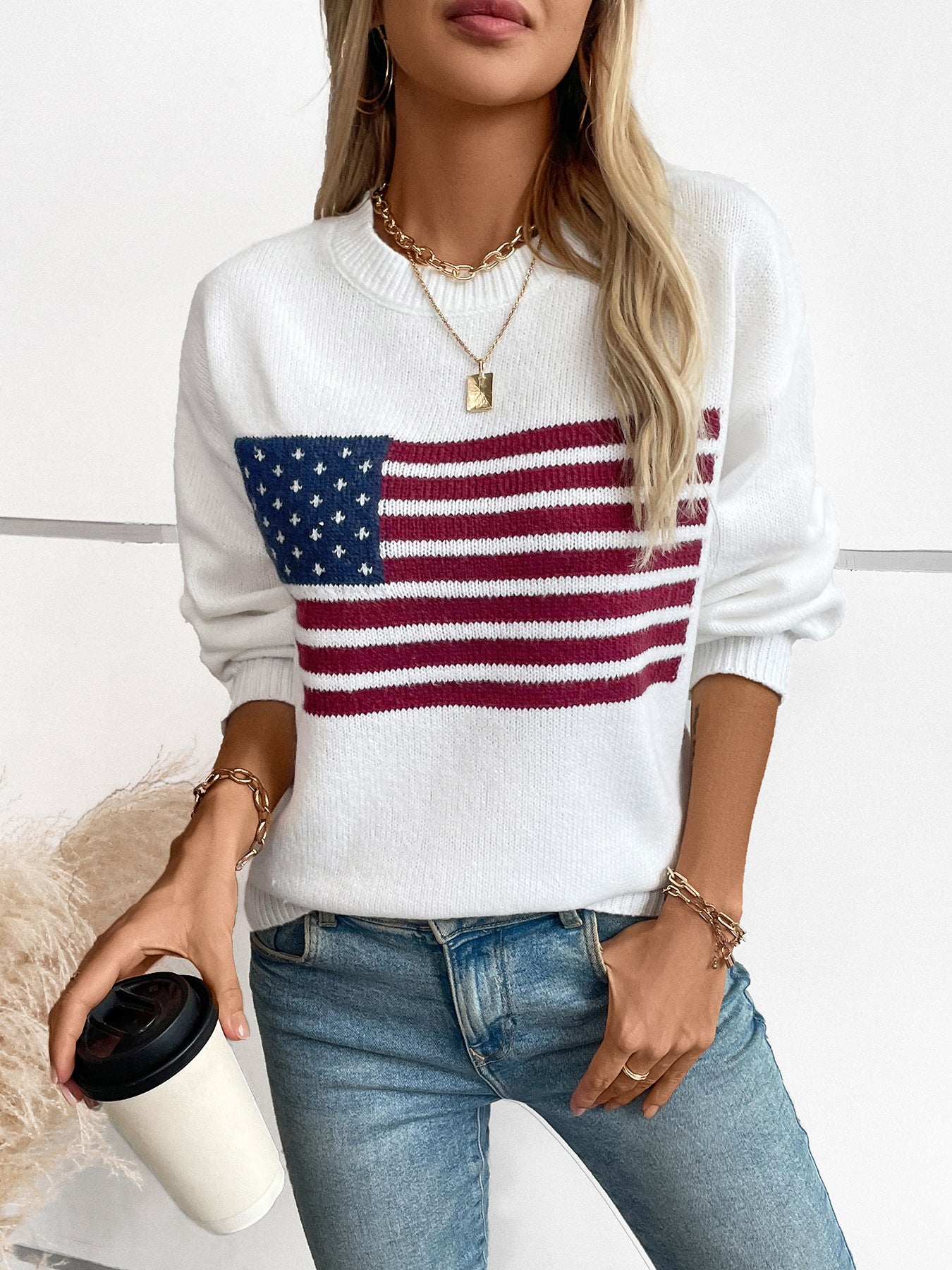 Women's Sweaters American Flag Pullovers Crew Neck Sweaters