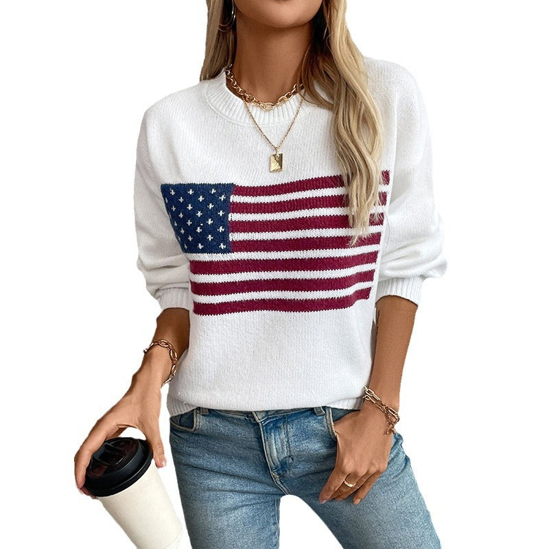Women's Sweaters American Flag Pullovers Crew Neck Sweaters