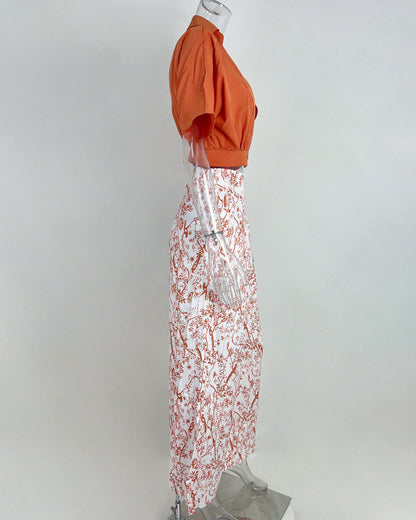 Autumn Suit Shirt Top V-Neck Fashion Print Wide-Leg Pants Set