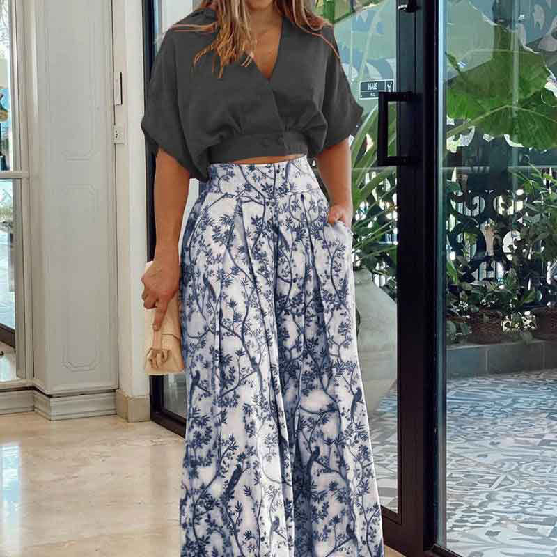 Autumn Suit Shirt Top V-Neck Fashion Print Wide-Leg Pants Set