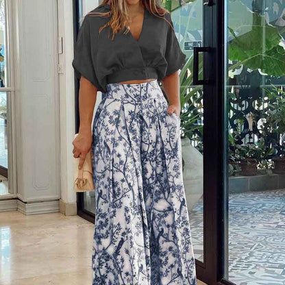 Autumn Suit Shirt Top V-Neck Fashion Print Wide-Leg Pants Set