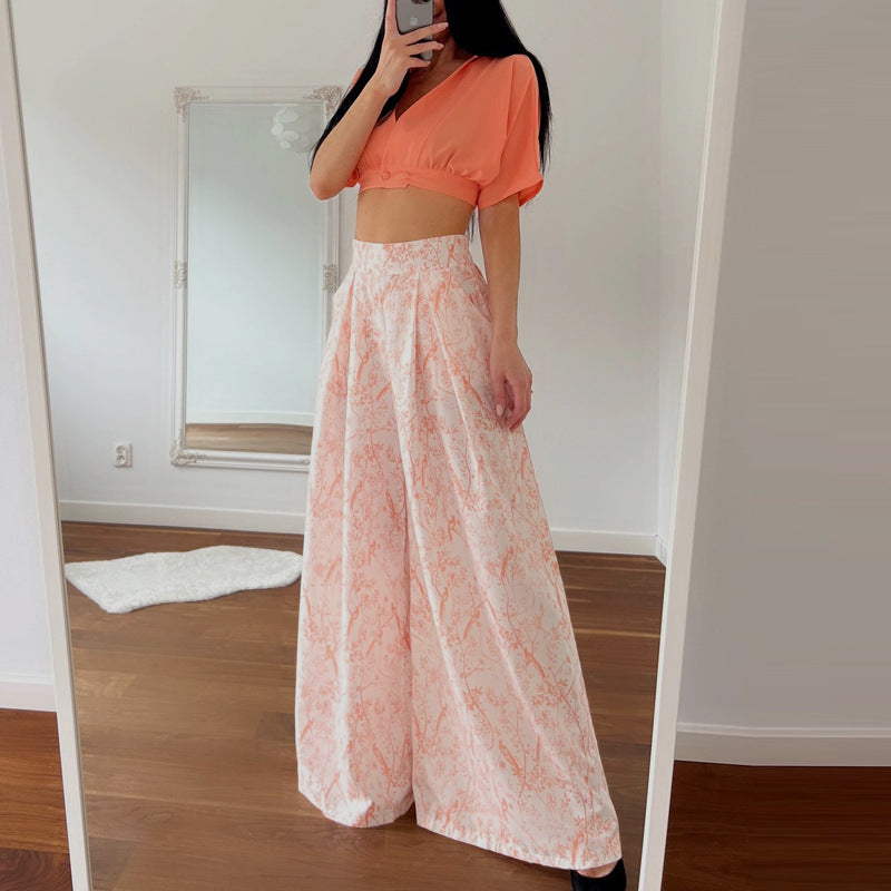 Autumn Suit Shirt Top V-Neck Fashion Print Wide-Leg Pants Set