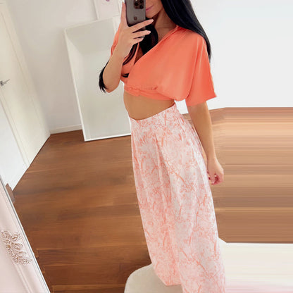 Autumn Suit Shirt Top V-Neck Fashion Print Wide-Leg Pants Set