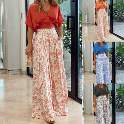 Autumn Suit Shirt Top V-Neck Fashion Print Wide-Leg Pants Set