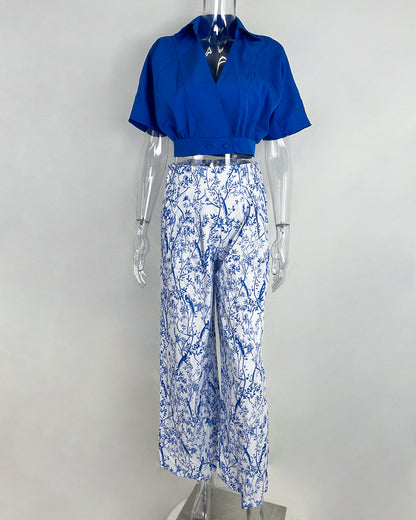 Autumn Suit Shirt Top V-Neck Fashion Print Wide-Leg Pants Set