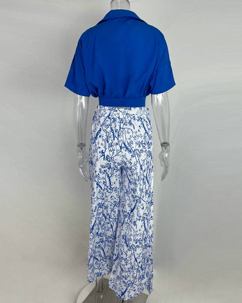 Autumn Suit Shirt Top V-Neck Fashion Print Wide-Leg Pants Set