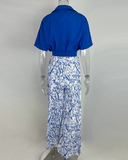 Autumn Suit Shirt Top V-Neck Fashion Print Wide-Leg Pants Set