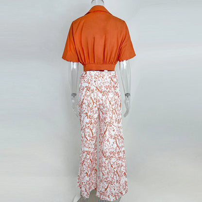 Autumn Suit Shirt Top V-Neck Fashion Print Wide-Leg Pants Set