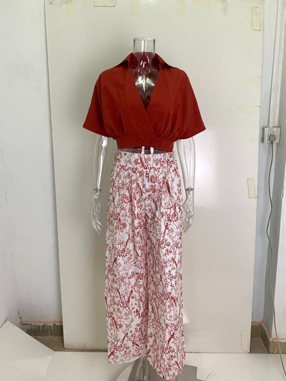 Autumn Suit Shirt Top V-Neck Fashion Print Wide-Leg Pants Set